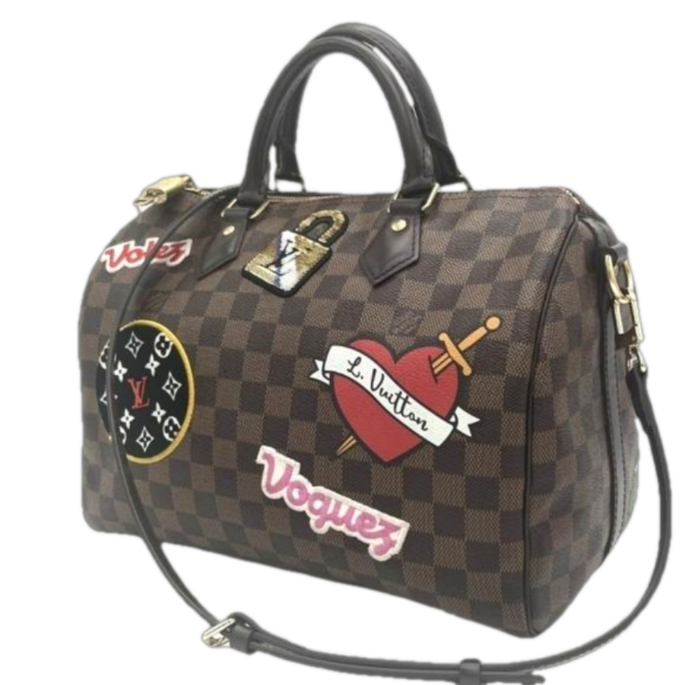 Authentic Louis Vuitton Limited Edition Damier Ebene Patches Speedy Bandouliere